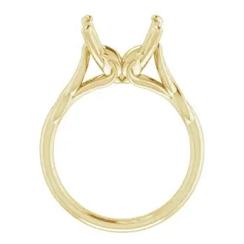 Gold solitaire ring setting with curved split prongs designed to hold an asscher cut stone.