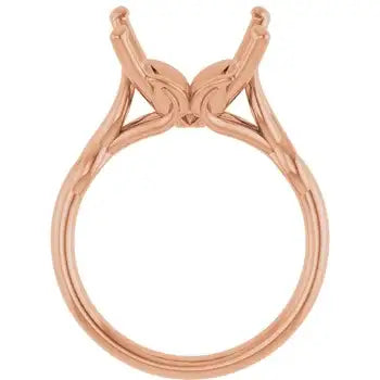Rose gold solitaire ring setting with curved prongs designed for square stones, shown from above.