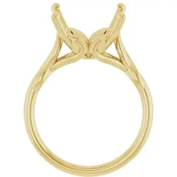 Yellow gold solitaire ring setting with square stone mounting and curved shoulder details, shown from above.