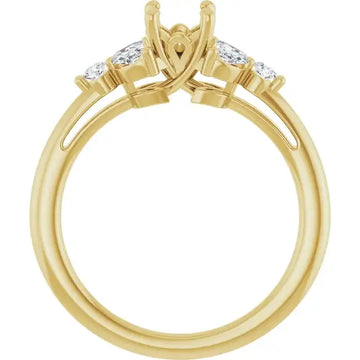 Yellow gold engagement ring setting with ornate center stone holder and diamond accents on each side.