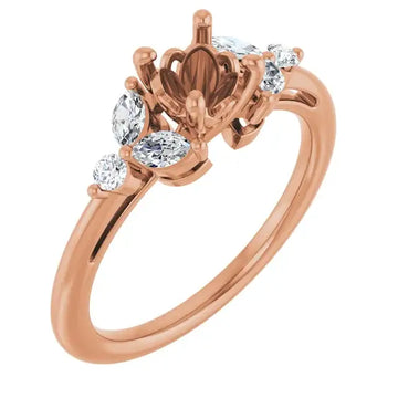Rose gold engagement ring setting with ornate crown design and oval-cut diamond accents on band.