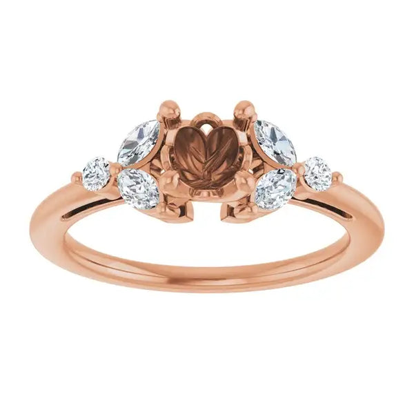 Rose gold engagement ring setting with round diamond accents flanking an empty center stone mount.