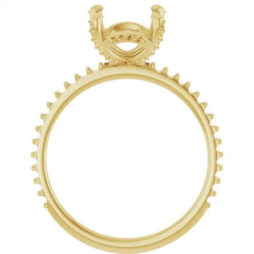 Gold engagement ring setting with hidden halo design and oval stone mounting, shown from front view.