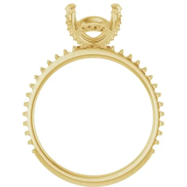 Gold engagement ring setting with hidden halo design and oval stone mounting, shown from front view.