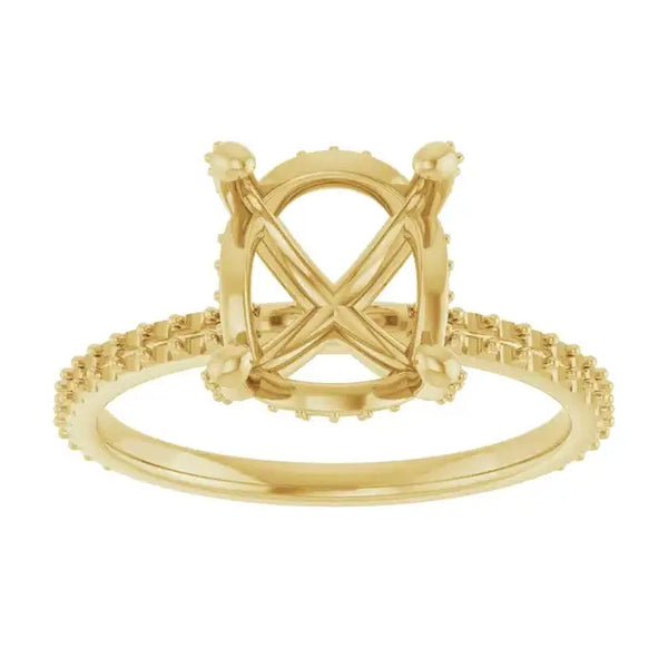 Gold engagement ring setting with hidden halo design and crossed prongs for oval stone, shown front view.