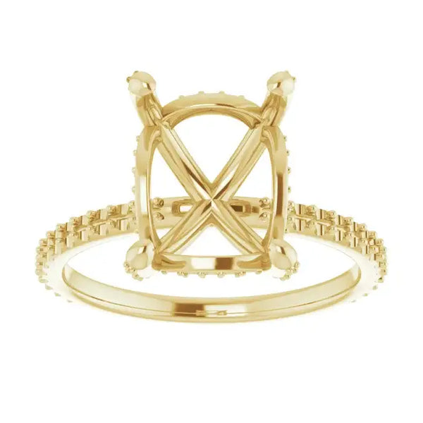 Gold engagement ring setting with X-shaped center stone holder and hidden halo diamond band.
