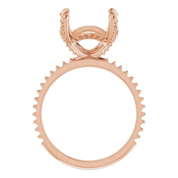 Rose gold engagement ring setting with ornate halo design and textured band for asscher cut stone.