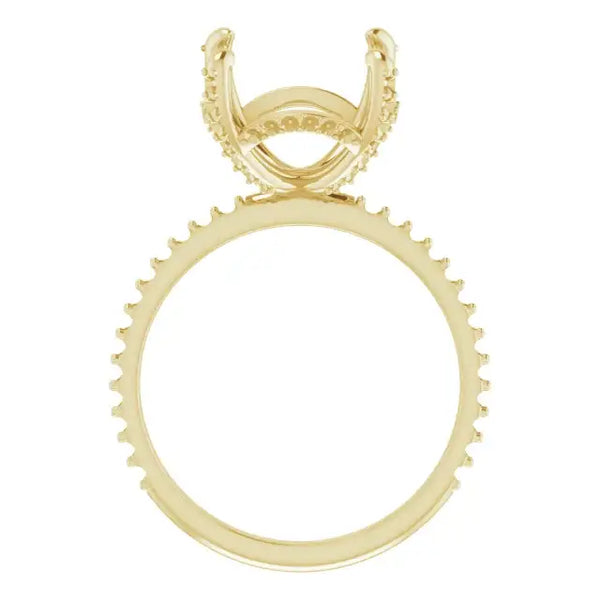 Yellow gold engagement ring setting with hidden halo design and textured band for asscher cut stone.