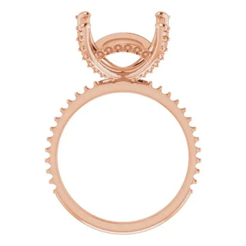 Rose gold engagement ring setting with hidden halo design and prongs for square stone.