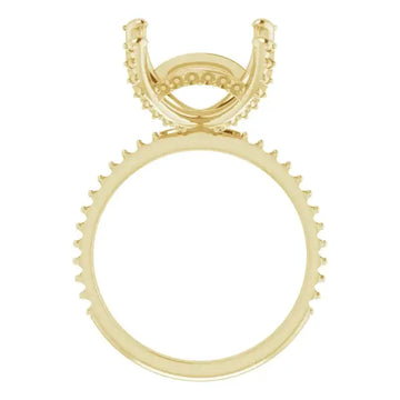 Yellow gold engagement ring setting with square stone seat and halo-style prongs around the band.