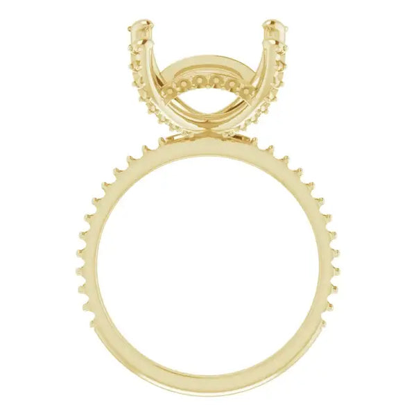 Yellow gold engagement ring setting with square stone seat and halo-style prongs around the band.