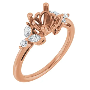Rose gold engagement ring setting with ornate cushion-shaped center stone holder and accent diamonds on band.