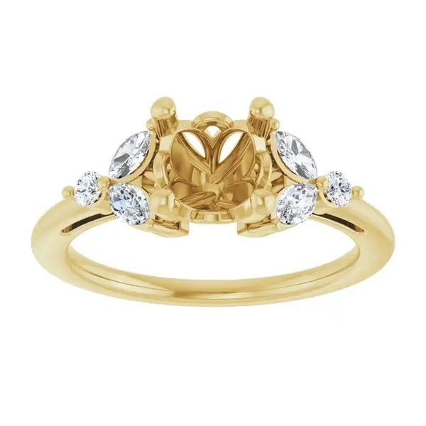 Yellow gold engagement ring setting with cushion-cut center stone holder and round accent diamonds on sides.