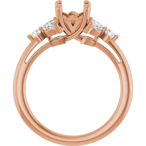 Rose gold engagement ring setting with cushion-shaped center stone mount and two oval side stones.