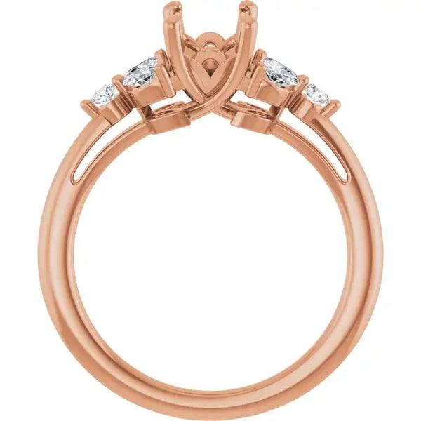Rose gold engagement ring setting with heart-shaped center stone mount and oval diamond accents on shoulders.
