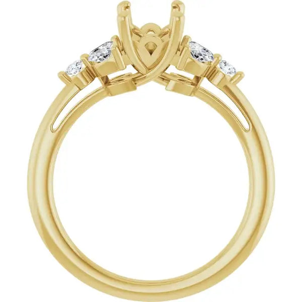Gold engagement ring setting with open center prong mount and round diamond accents on sides.