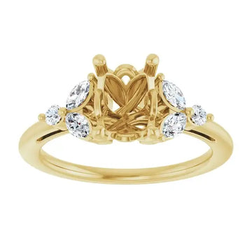 Gold engagement ring setting with crossed center gallery and round diamond accents on band.