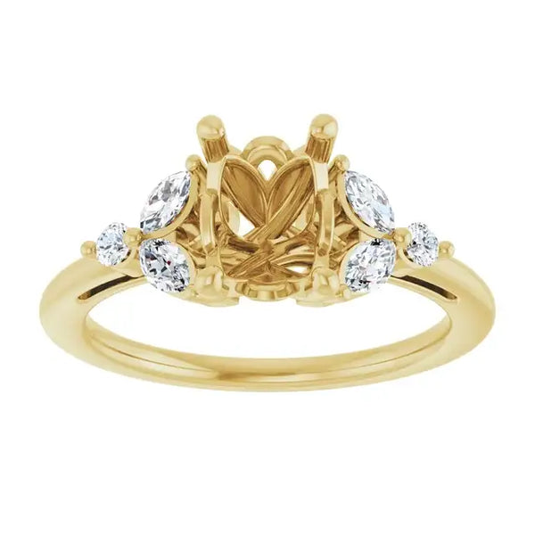 Gold engagement ring setting with crossed center gallery and round diamond accents on band.