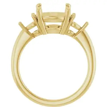 Gold engagement ring setting with six prongs and open center gallery for round stone.