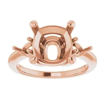 Rose gold cushion cut engagement ring setting with ornate gallery and four accent prongs.