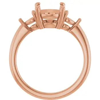 Rose gold engagement ring setting with oval stone holder and six side prongs.