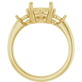 Gold-toned engagement ring setting with oval stone holder and six prongs, shown on white background.