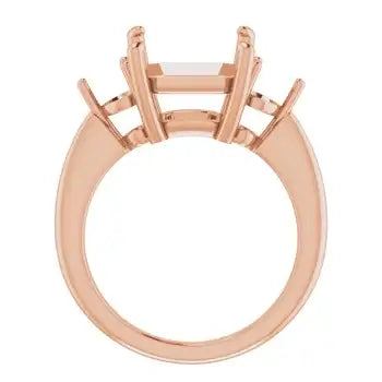 Rose gold engagement ring setting with eight prongs designed for asscher cut stones, shown from top view.