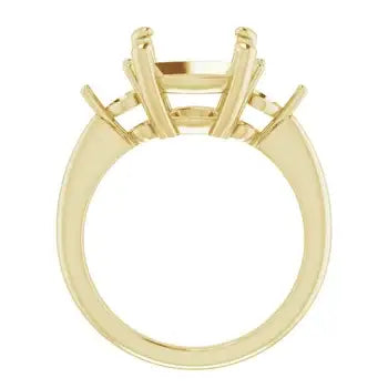 Yellow gold engagement ring setting with four vertical prongs designed for cushion-cut stones.