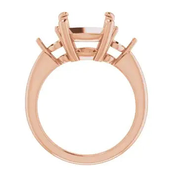 Rose gold engagement ring setting with eight prongs for cushion-cut stones, shown from side view.