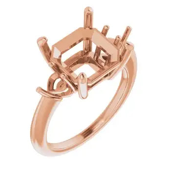 Rose gold engagement ring setting with decorative side accents and asscher cut stone mounting.