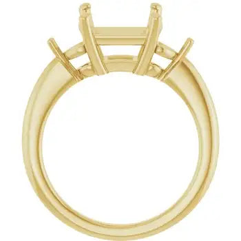Gold engagement ring setting with four-prong square stone holder and polished band.