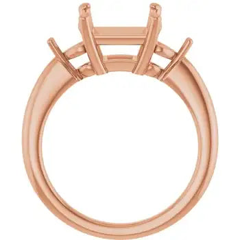 Rose gold ring setting with square stone prongs, shown from side view.