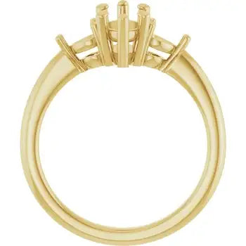 Gold engagement ring setting with vertical prong design for marquise stone, shown from side angle.