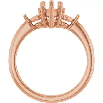 Rose gold engagement ring setting with vertical prong head designed for marquise-cut stones, shown from side view.