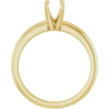 Gold solitaire engagement ring setting with round stone prongs, shown from above without stone.
