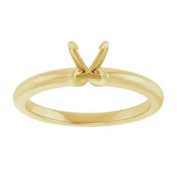 Gold solitaire engagement ring setting with empty prong head for round stone.