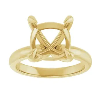 Gold solitaire engagement ring setting with crossed prongs and cushion stone mounting.