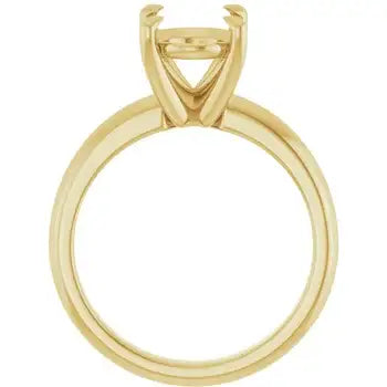 Gold solitaire engagement ring setting with oval stone holder and tapered band, shown from front view.