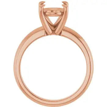 Rose gold solitaire engagement ring setting with oval stone prongs, shown from front view.
