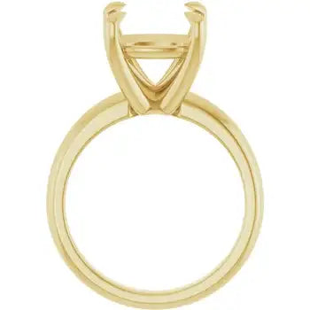 Yellow gold solitaire engagement ring setting with cushion stone holder.