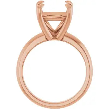 Rose gold solitaire engagement ring setting with cushion stone prongs, shown from front view.