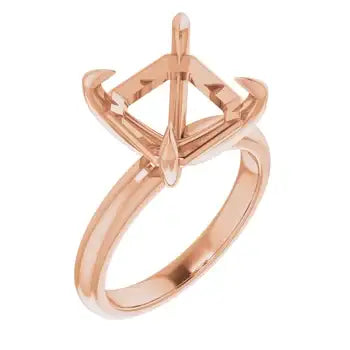 Rose gold solitaire engagement ring setting with four-prong asscher cut stone holder and polished band.