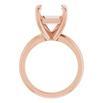 Rose gold solitaire engagement ring setting with open rectangular prong head for asscher cut stone.