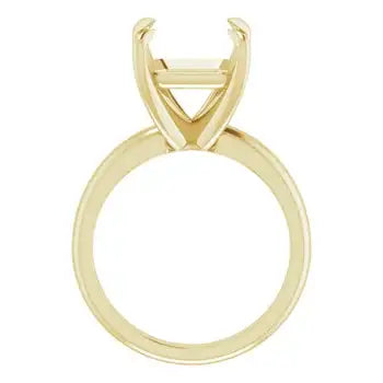 Gold solitaire engagement ring setting with open prongs for asscher-cut stone.