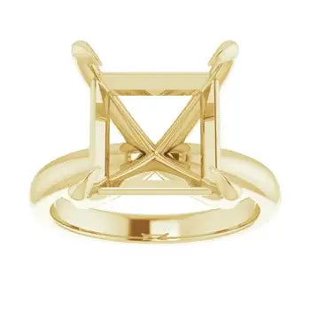 Gold solitaire engagement ring setting with square stone seat and crossed metal framework.