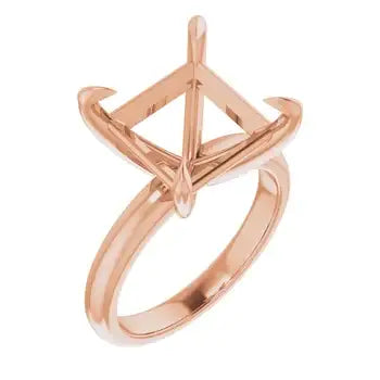 Rose gold solitaire engagement ring setting with square stone holder and curved band.