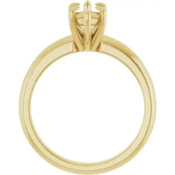 Gold solitaire engagement ring setting with empty marquise stone holder and polished band.