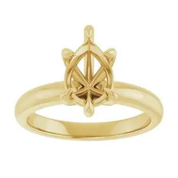 Gold solitaire engagement ring setting with pear-shaped stone mount and polished band.
