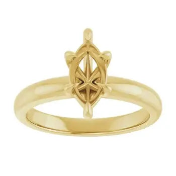 Gold solitaire engagement ring setting with ornate marquise-shaped stone mount and polished band.