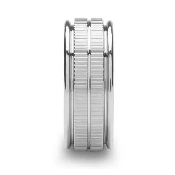 CARLTON Flat White Tungsten Wedding Band with Dual Coin Edge Center by Triton Rings - 9mm - Larson Jewelers
